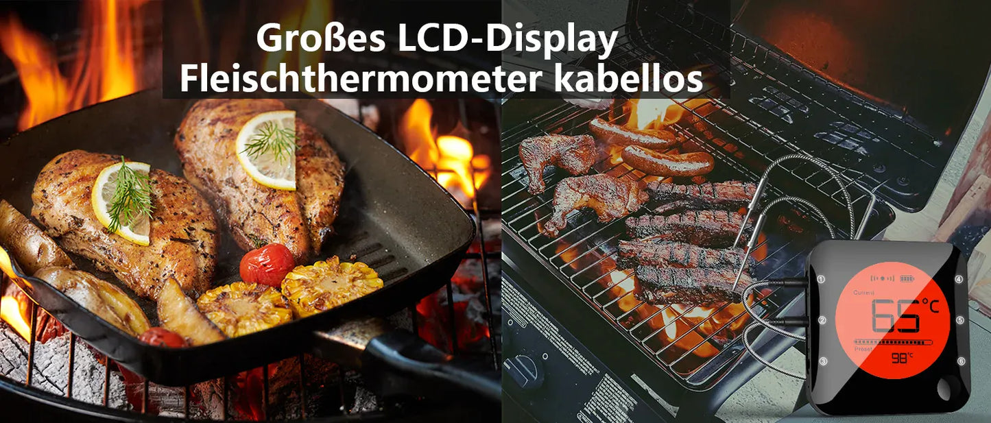 Grilling scene with meat and vegetables, featuring a wireless meat thermometer with large LCD display.