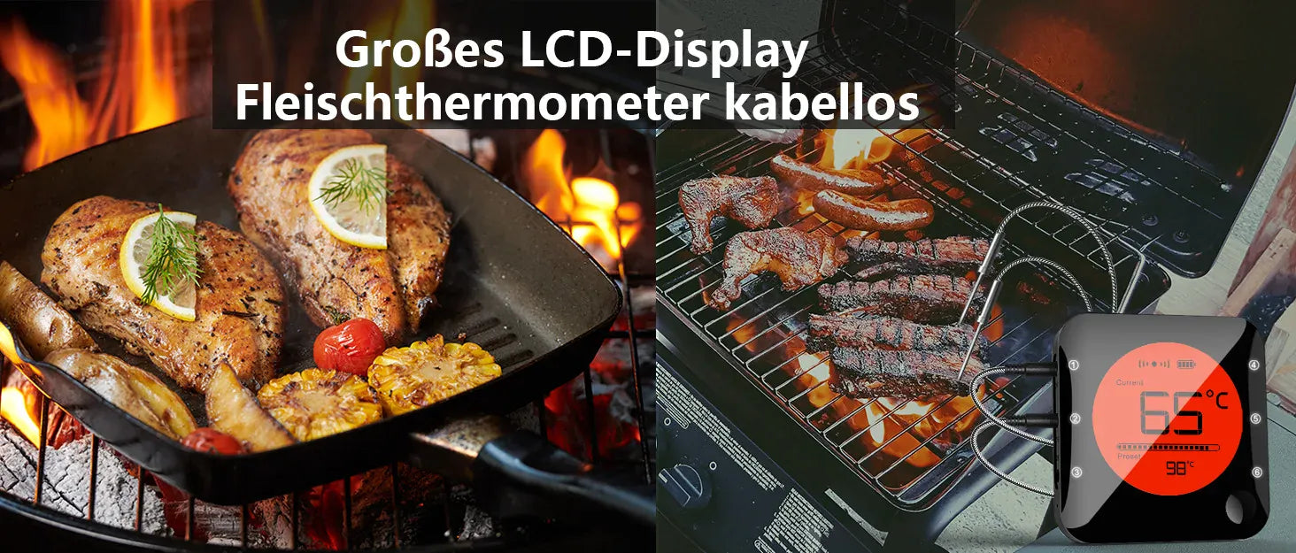 Grilling scene with meat and vegetables, featuring a wireless meat thermometer with large LCD display.