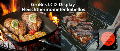 Grilling scene with meat and vegetables, featuring a wireless meat thermometer with large LCD display.