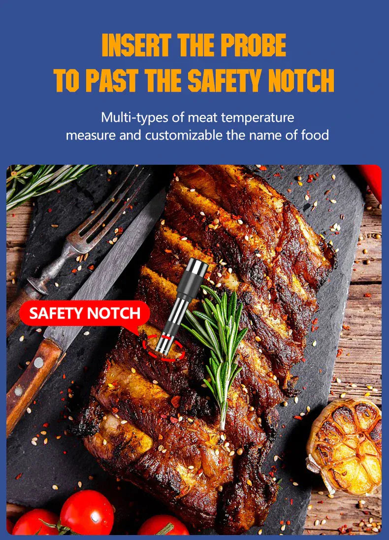 Grilled meat with a thermometer probe on a slate board, surrounded by vegetables, with text about using a thermometer.