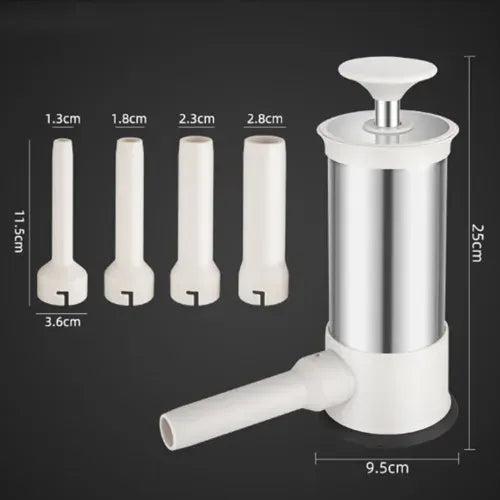 White manual press with interchangeable nozzles and measurements on a black background
