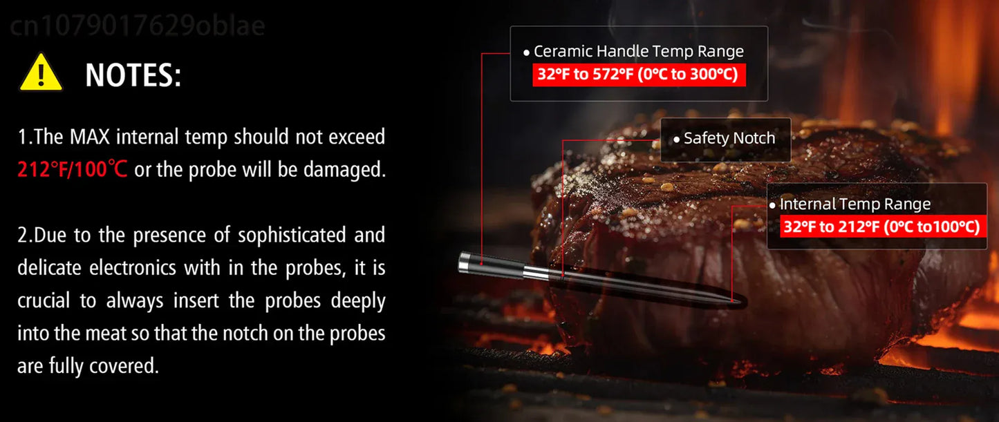 Product packaging with a ceramic handle thermometer for meat, showing temperature ranges and safety notches.