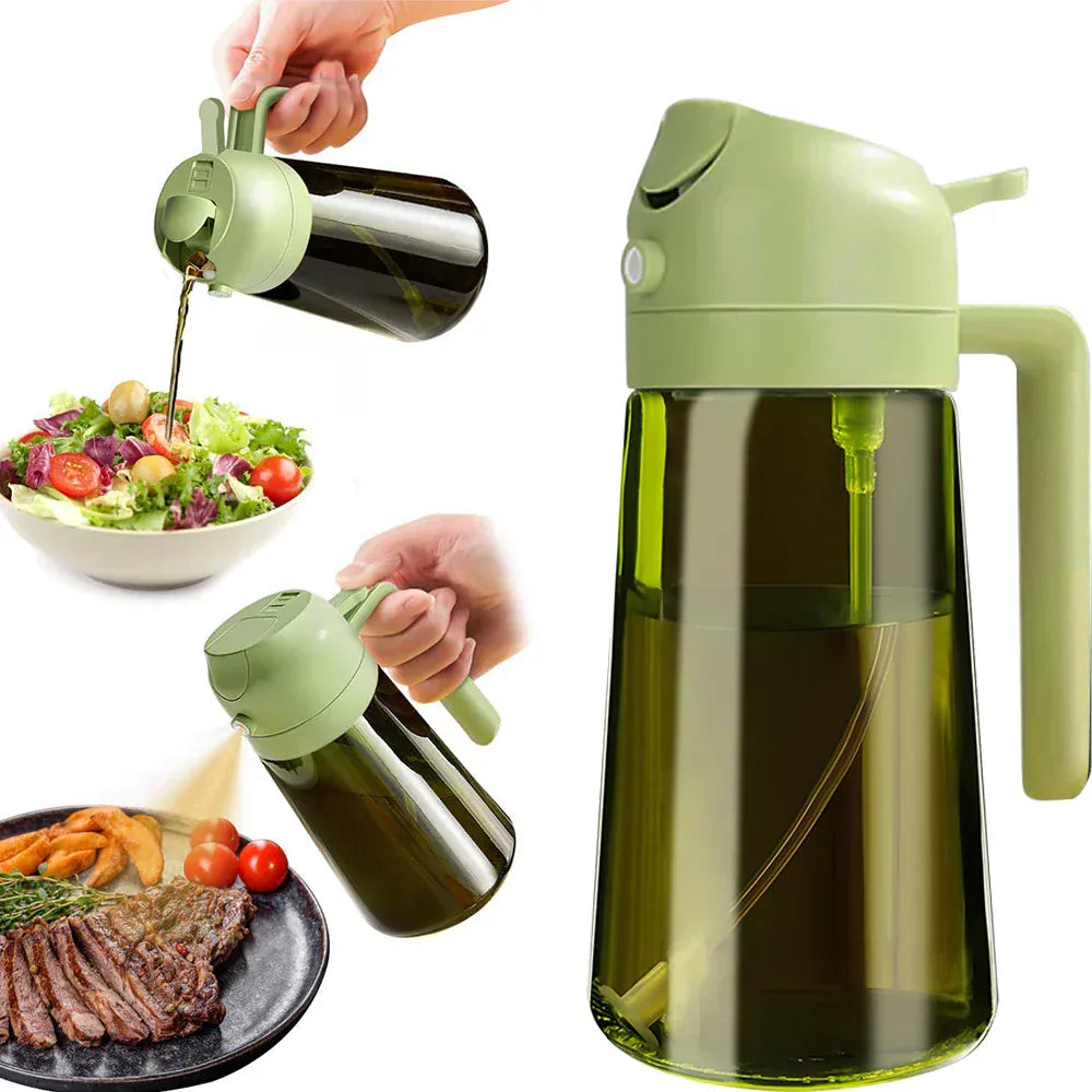 Green oil dispenser being used to drizzle on a salad and steak with vegetables.