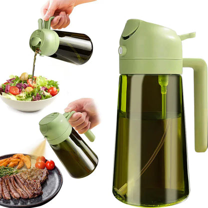 Green oil dispenser being used to drizzle on a salad and steak with vegetables.