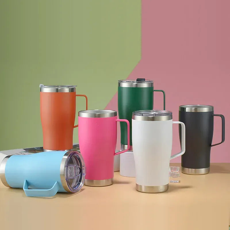 Set of colorful insulated mugs on a gradient background