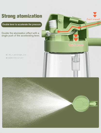 Green atomization device with text explaining its features on a white background