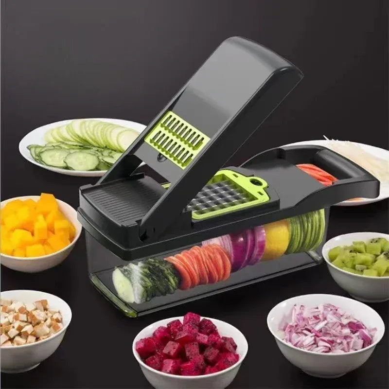 Multifunctional vegetable chopper with sliced vegetables on a black background