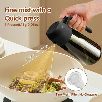 Olive oil sprayer being used over a dish with text highlighting features like 'Fine mist with a quick press' and 'Fine mesh filter, no clogging'.