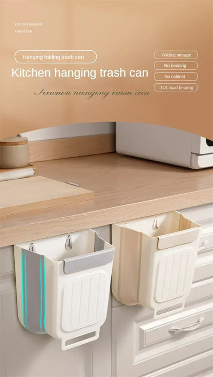 No-Bend Hanging Kitchen Trash Can – Foldable 9L Waste Bin for Cabinet Doors.