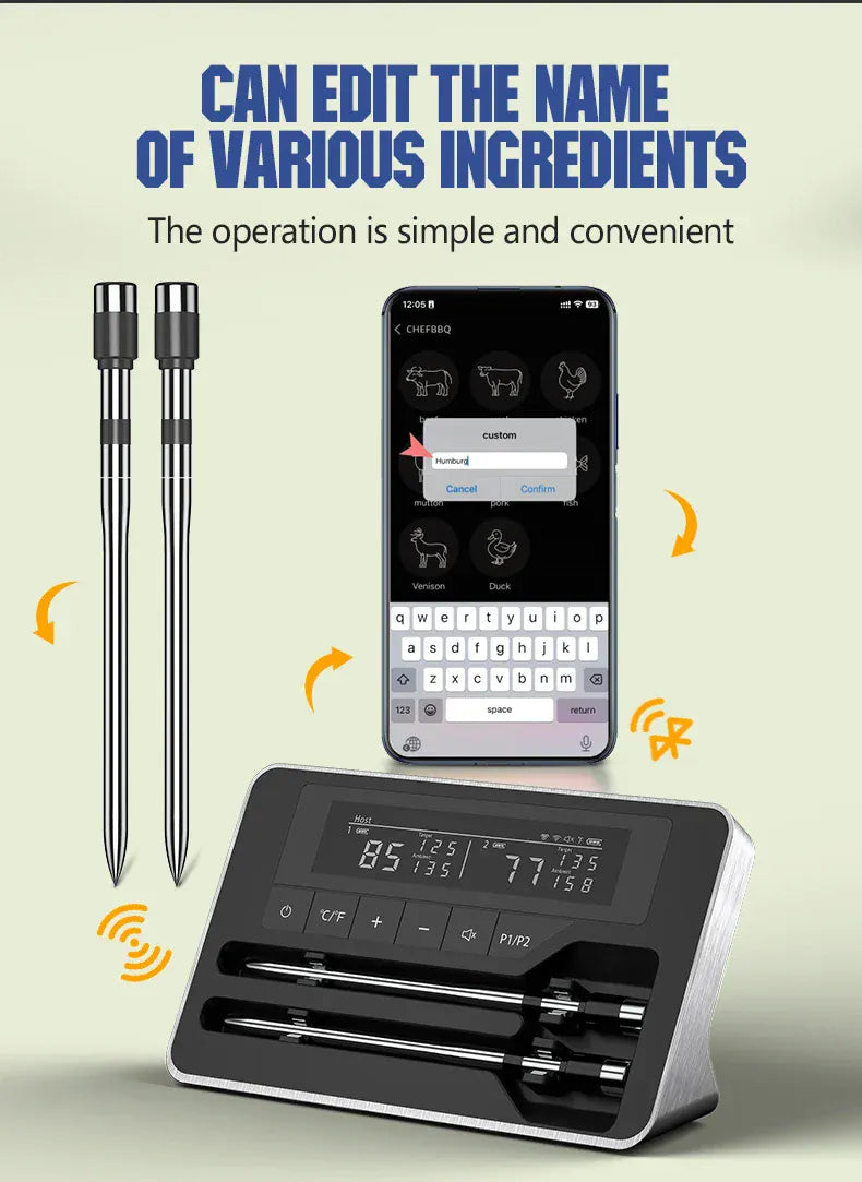 Smart kitchen device with smartphone app interface on a light background