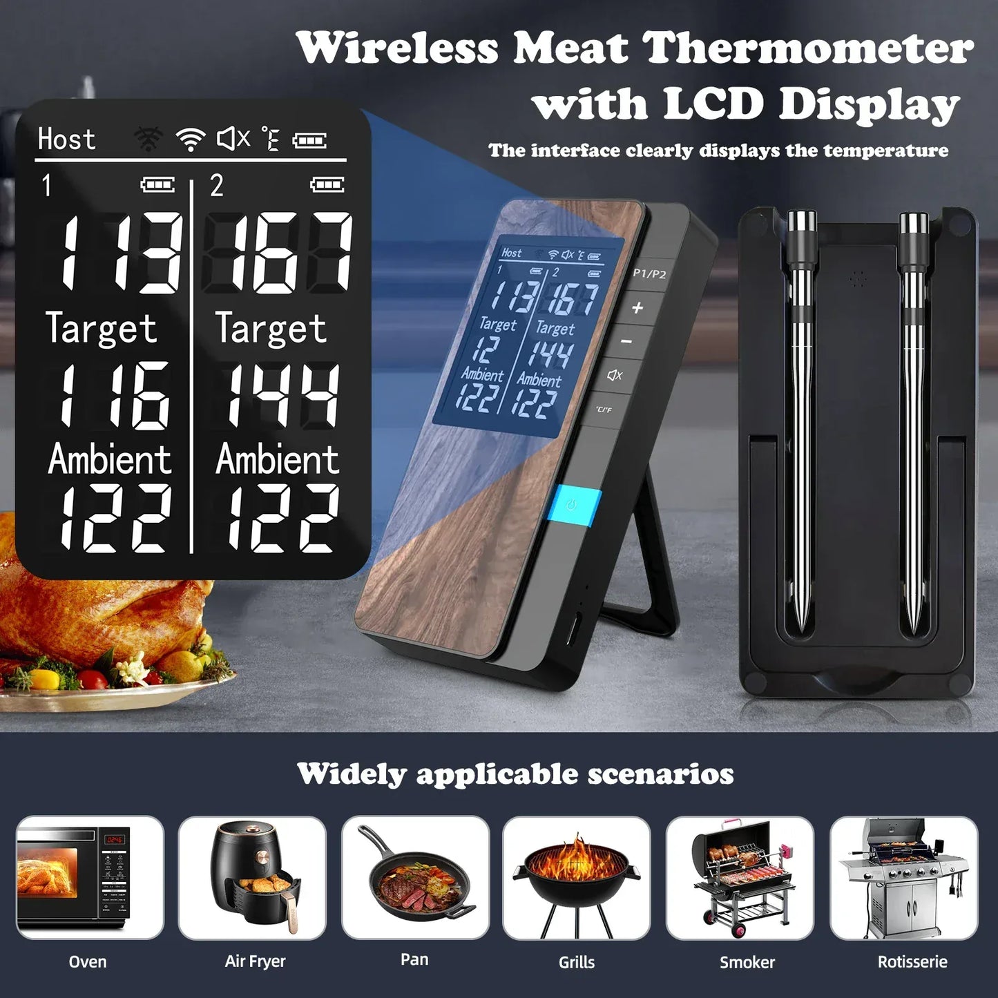 Wireless meat thermometer with LCD display showing temperature readings on a gray surface.