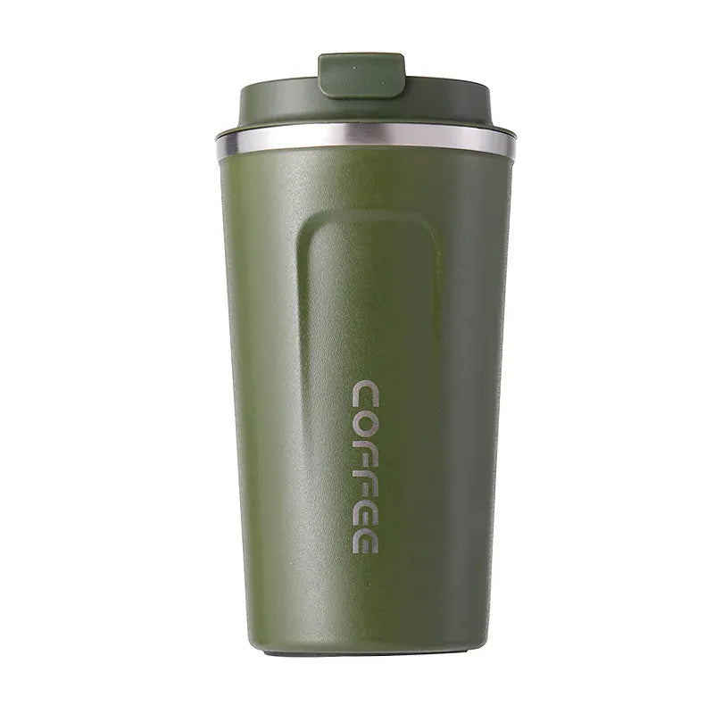 Green insulated coffee tumbler with 'COFFEE' text on a white background