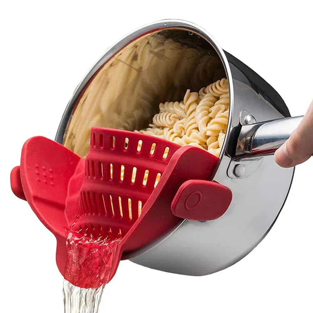 Snap & Strain Hands-Free Silicone Colander – Anti-Spill Kitchen Strainer for Pasta, Noodles & Vegetables.