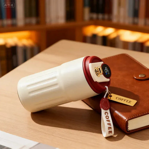 White and red thermos with temperature display on a wooden table, next to a brown notebook.