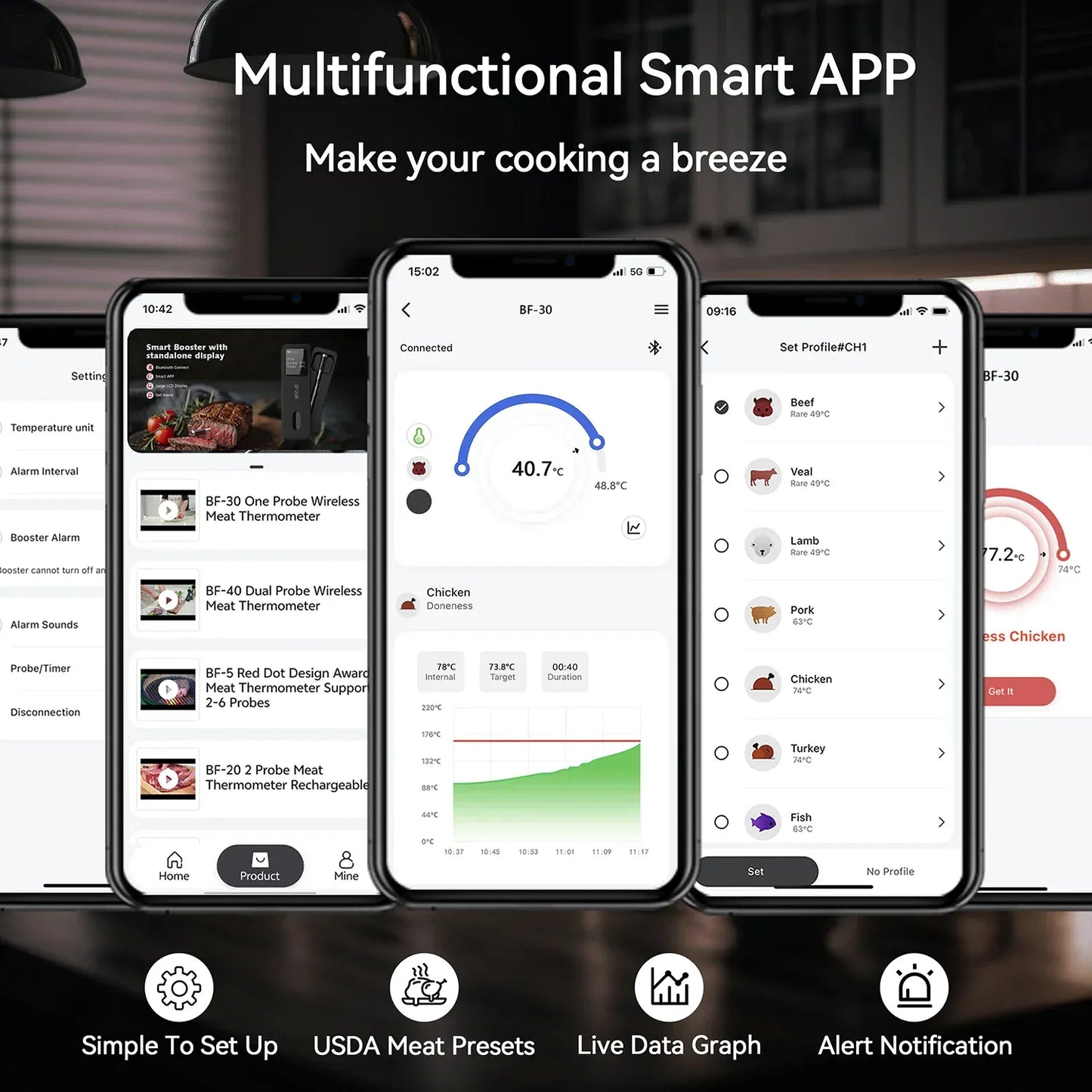 Multifunctional smart app interface on smartphone screens with cooking features.