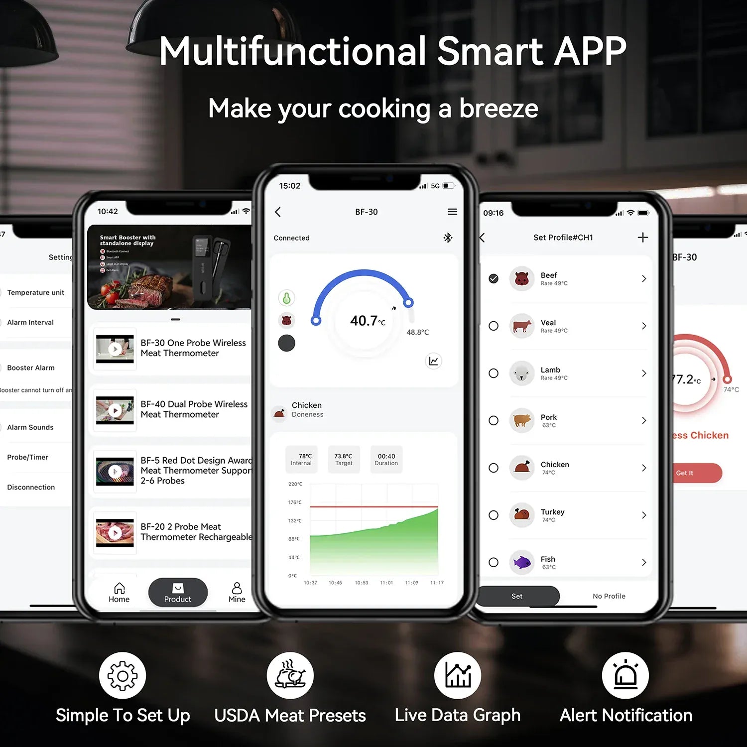 Multifunctional smart app interface on smartphone screens with cooking features.