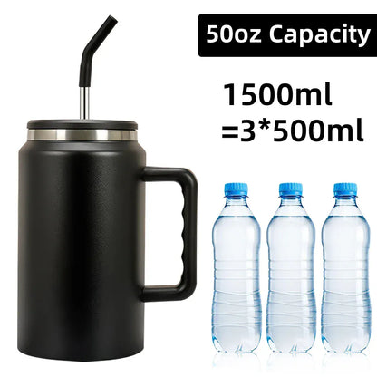 Black insulated mug with handle and straw, next to three water bottles showing capacity equivalency.