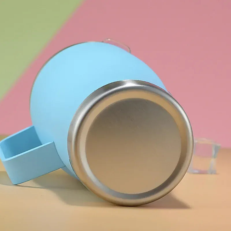 Blue mug with a metal interior on a colorful background
