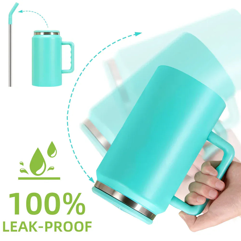 Turquoise mug with handle, straw, and lid on a white background with '100% leak-proof' text.