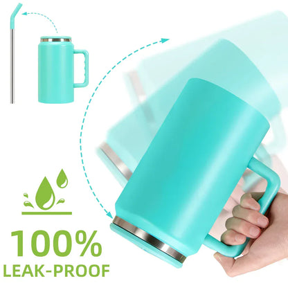 Turquoise mug with handle, straw, and lid on a white background with '100% leak-proof' text.
