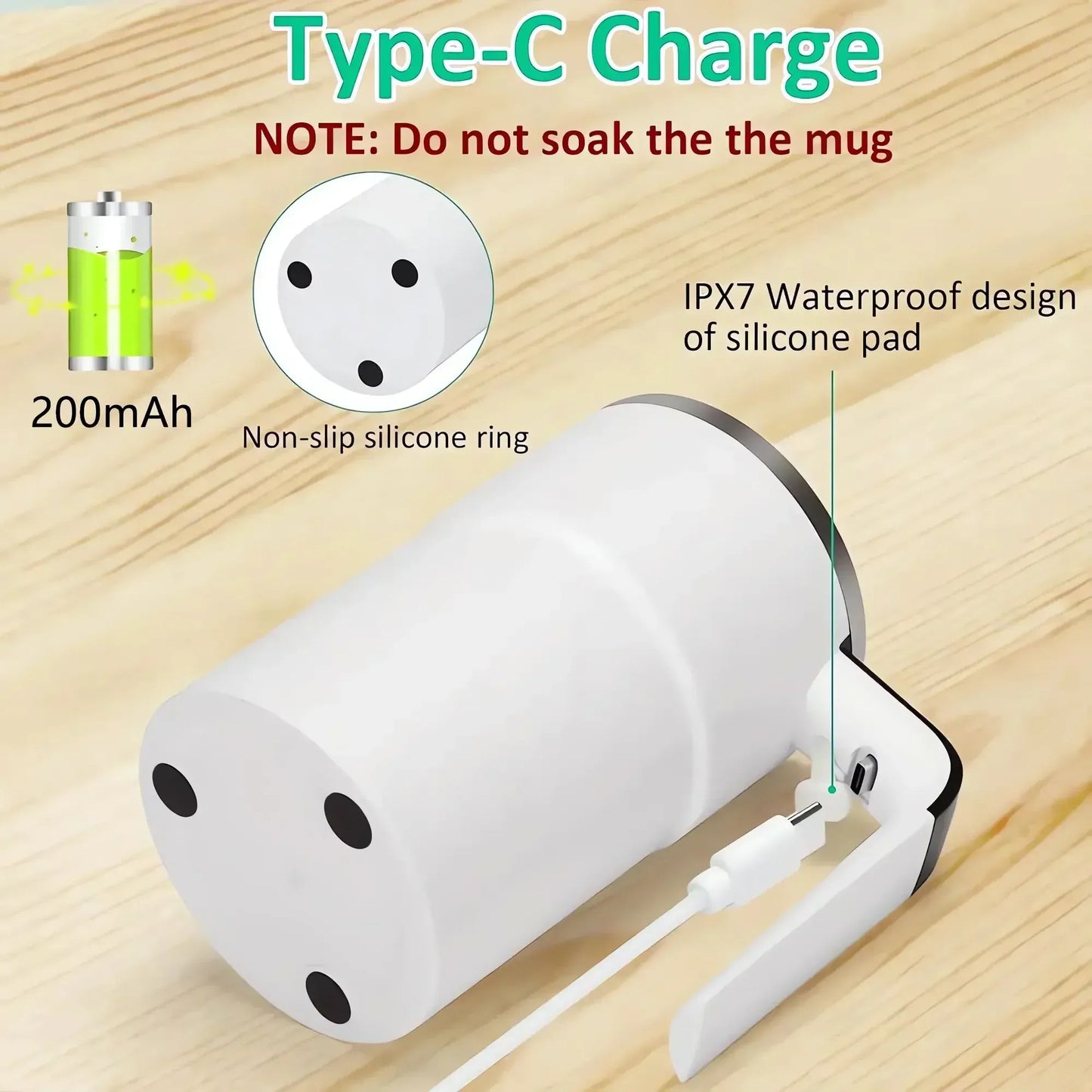White mug with charging cable on a wooden surface, featuring text about Type-C charge and product features.