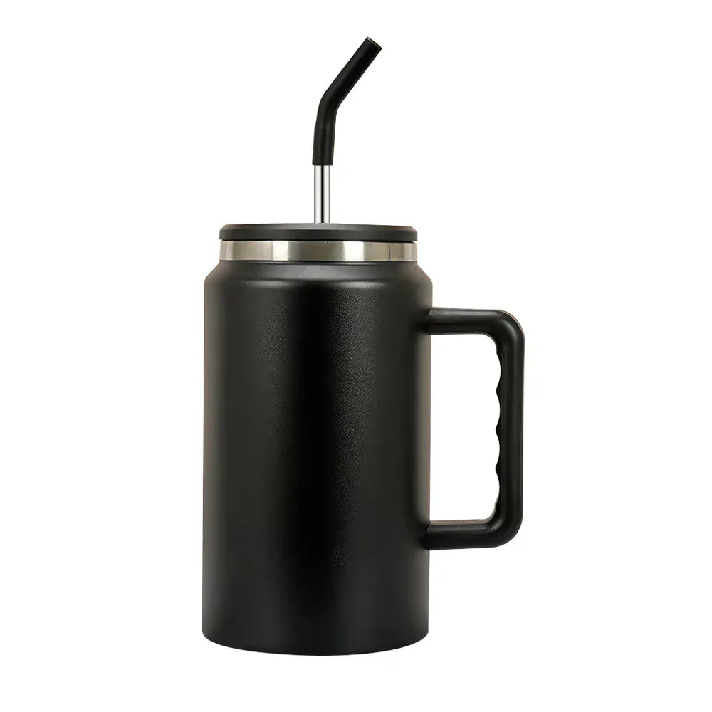 Black insulated mug with handle and straw on a white background