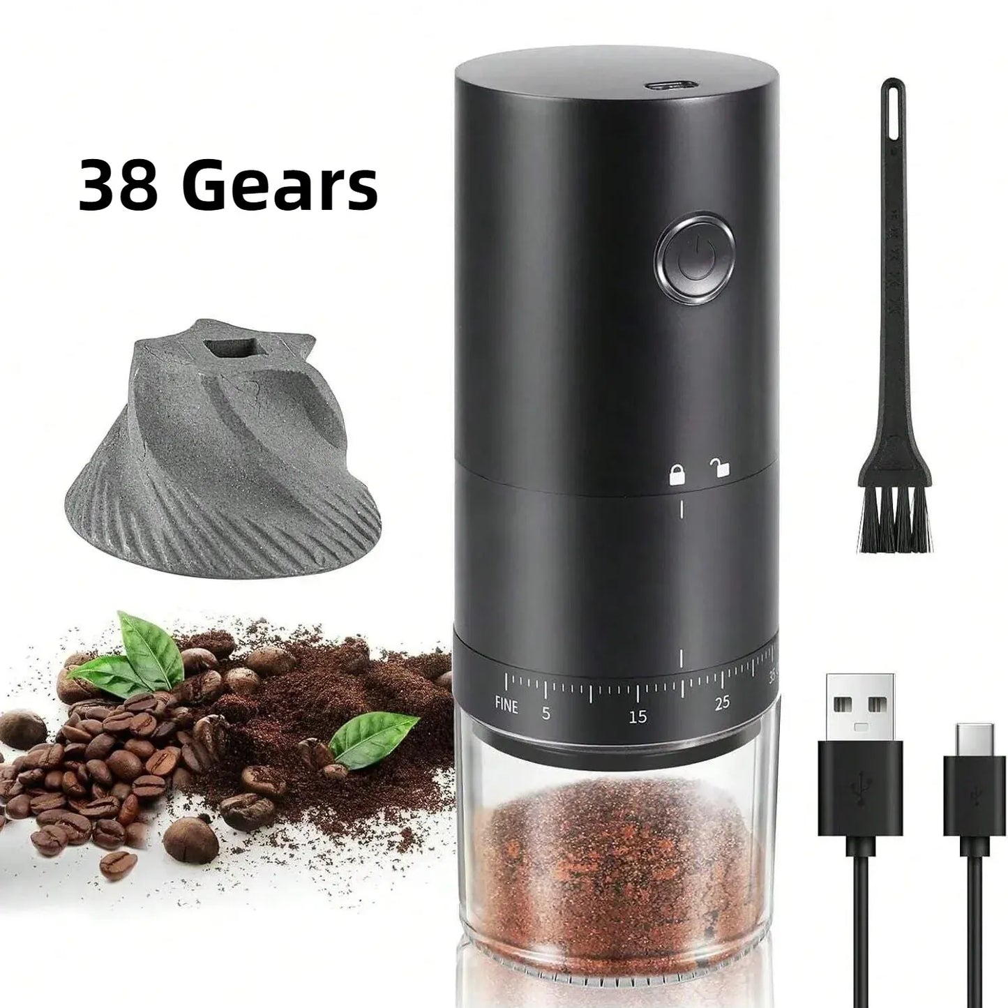 Black coffee grinder with accessories on a white background