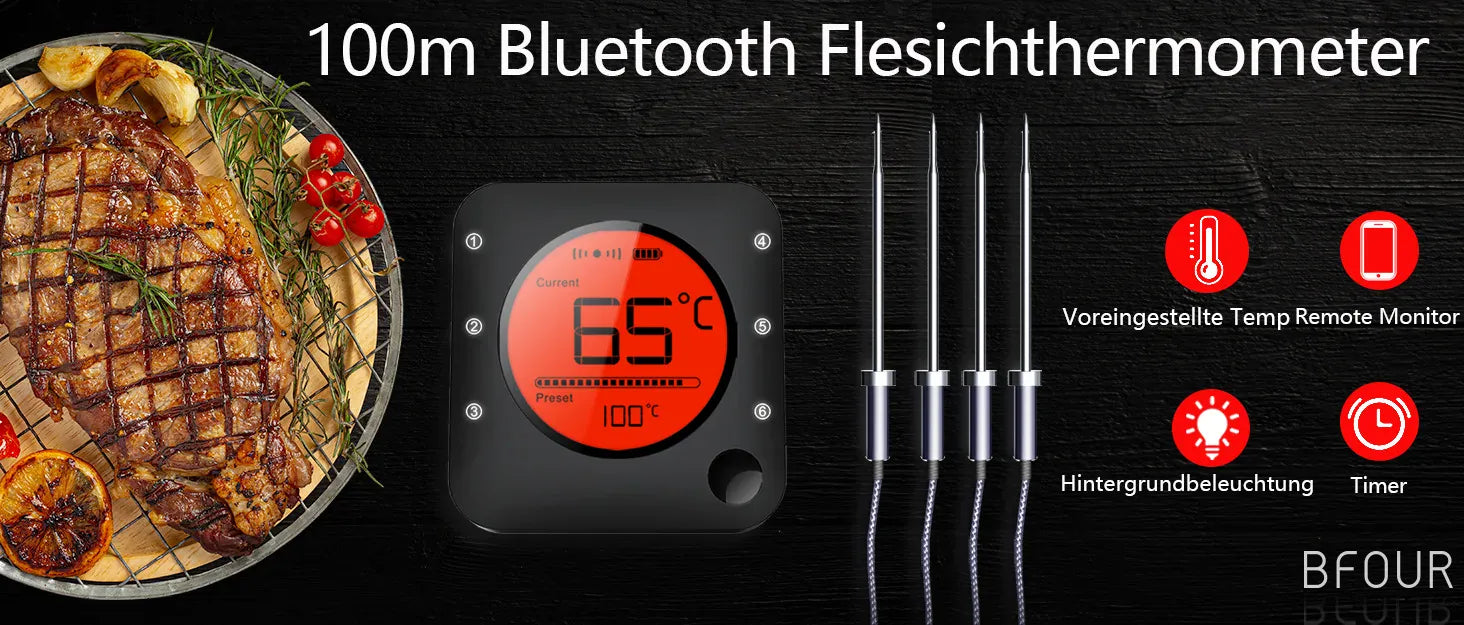 100m Bluetooth meat thermometer with digital display, three probes, and a grilled steak on a plate.