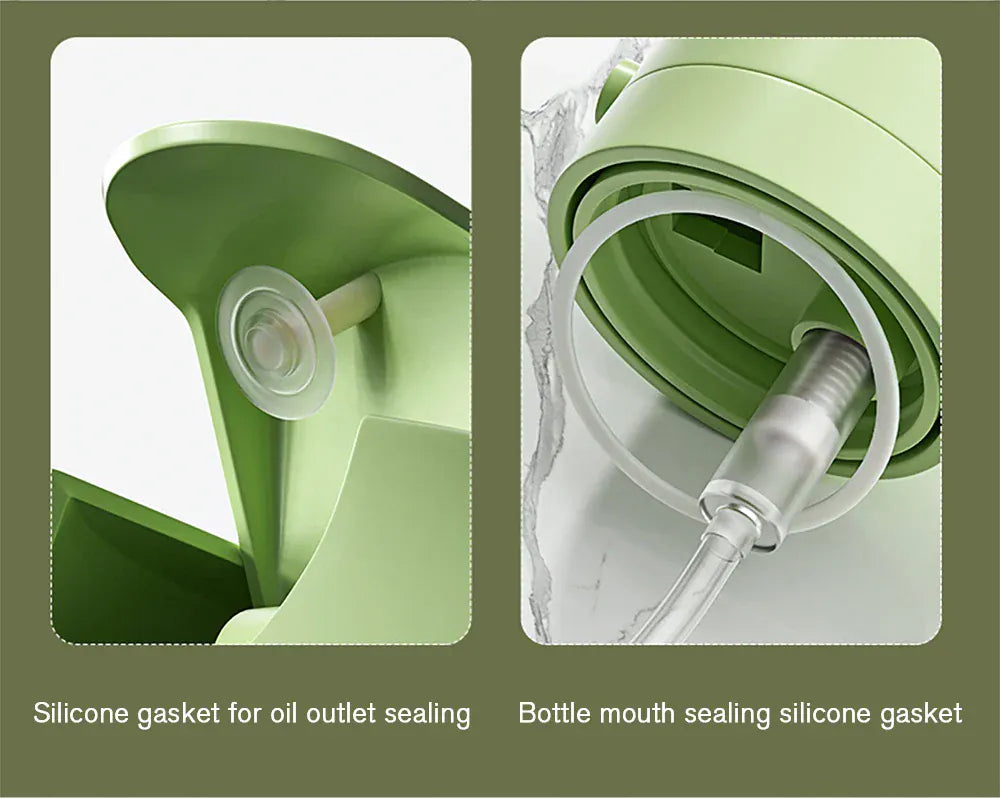 Close-up of a green silicone gasket with oil outlet sealing mechanism on a green background.