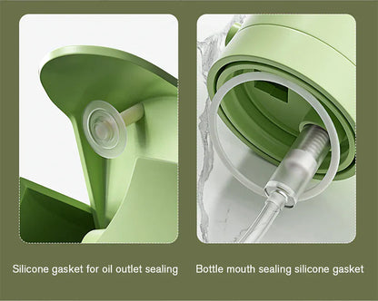 Close-up of a green silicone gasket with oil outlet sealing mechanism on a green background.