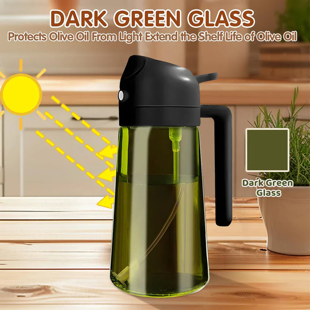 Dark green glass oil bottle with text explaining its benefits on a kitchen counter.