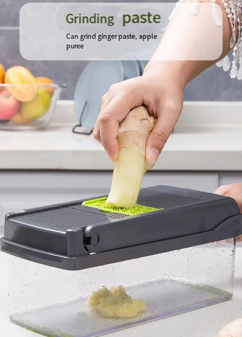 Person using a kitchen tool to grind ginger paste on a countertop.