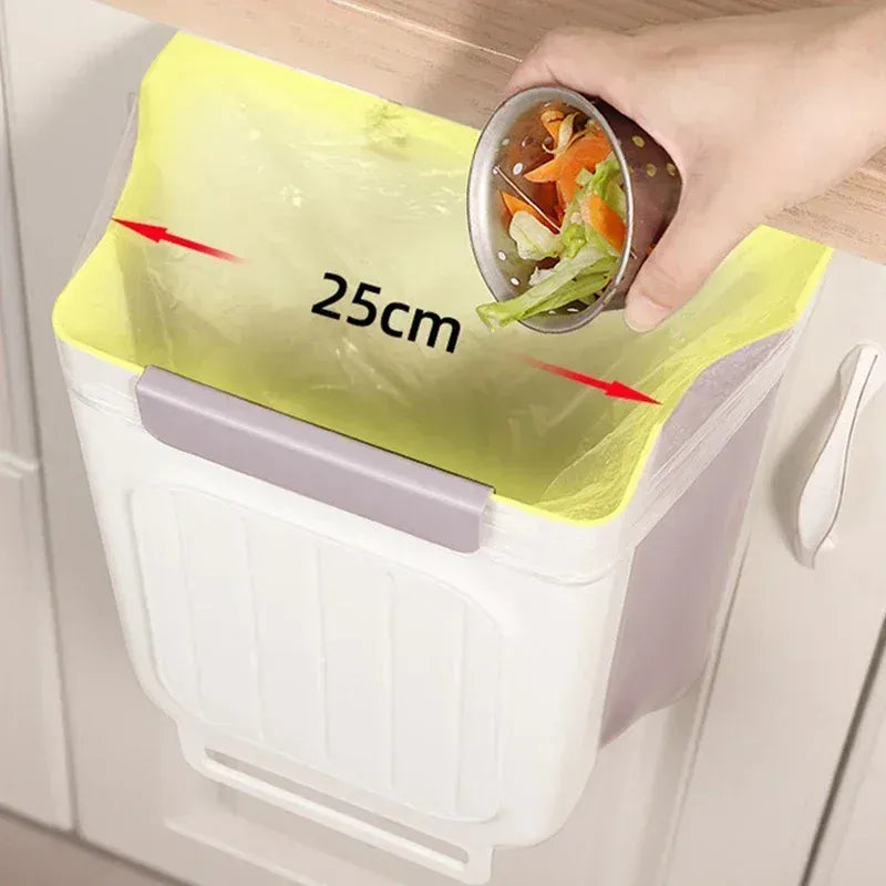 No-Bend Hanging Kitchen Trash Can – Foldable 9L Waste Bin for Cabinet Doors.