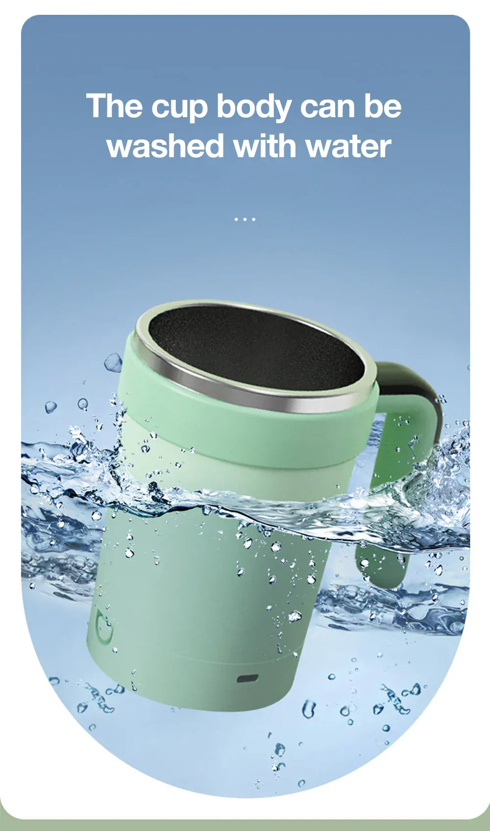 Green mug with water splashes on a blue background