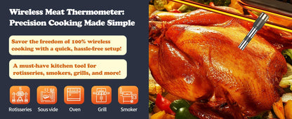 Wireless meat thermometer advertisement with roasted turkey and text on a dark background