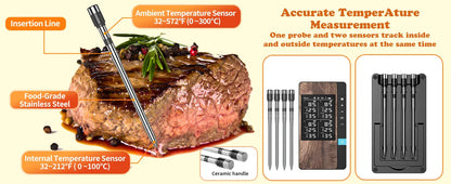 Infographic of a meat thermometer with temperature sensors and measurement details.