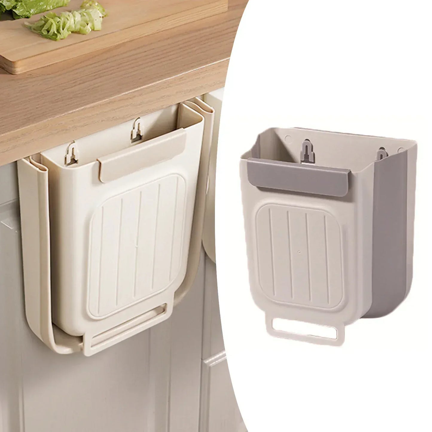 No-Bend Hanging Kitchen Trash Can – Foldable 9L Waste Bin for Cabinet Doors.