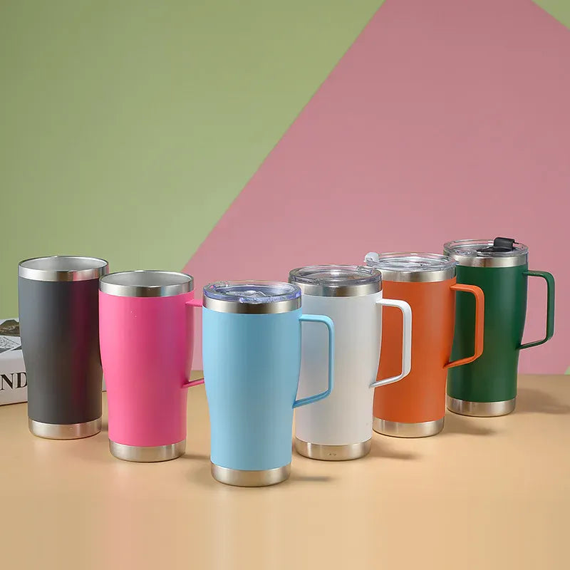 Set of colorful insulated mugs with metal handles on a gradient background