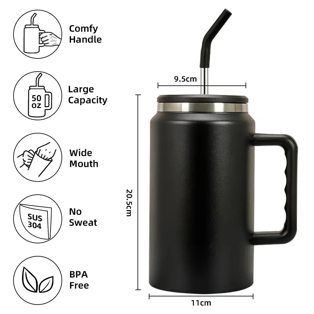 Black insulated mug with handle and straw, featuring product features and dimensions on a white background.