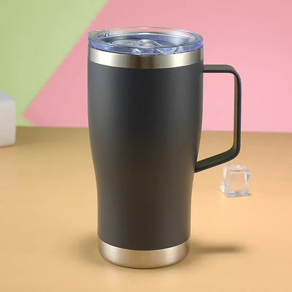 Black insulated mug with handle on a colorful background
