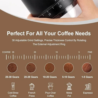 Coffee grinder with adjustable settings and coffee grind size examples on a brown background