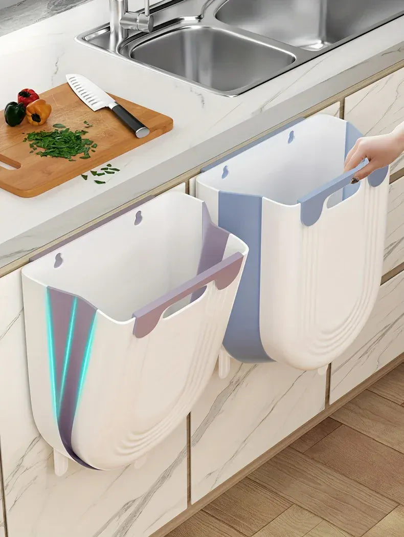 Space-Saving Wall-Mounted Folding Trash Can – Collapsible Kitchen Bin for Cabinet Doors.