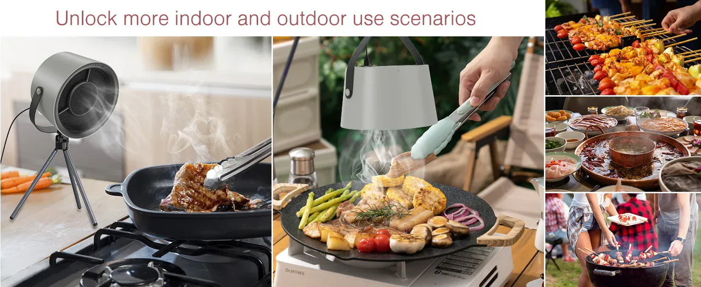 Collage of a portable outdoor cooking device in various settings.