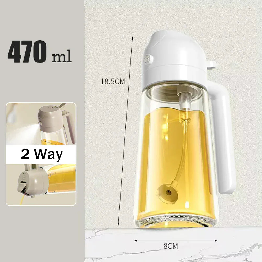 Clear oil dispenser with white top, filled with oil, on a light gray background.