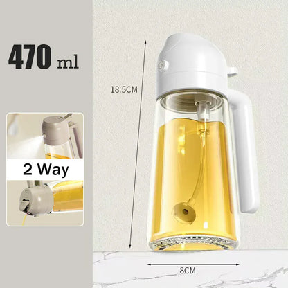 Clear oil dispenser with white top, filled with oil, on a light gray background.