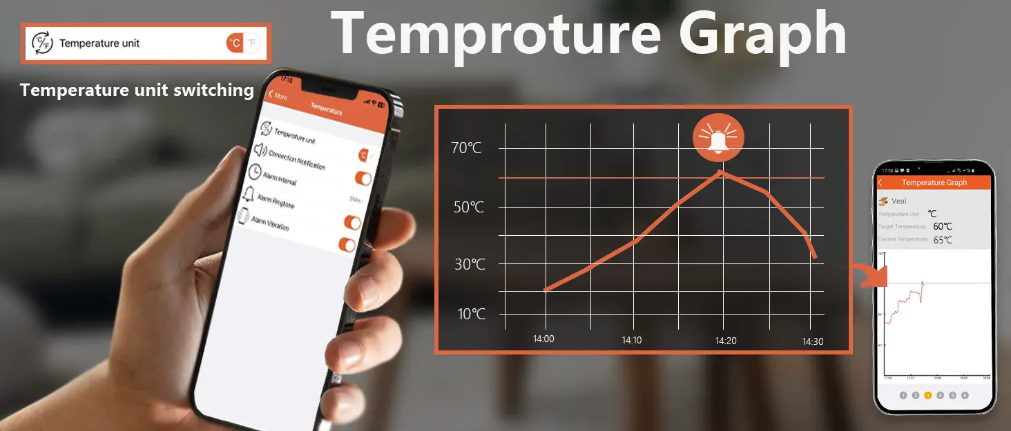 Smartphone displaying a temperature graph app with a hand holding the phone, and a temperature graph on a screen.
