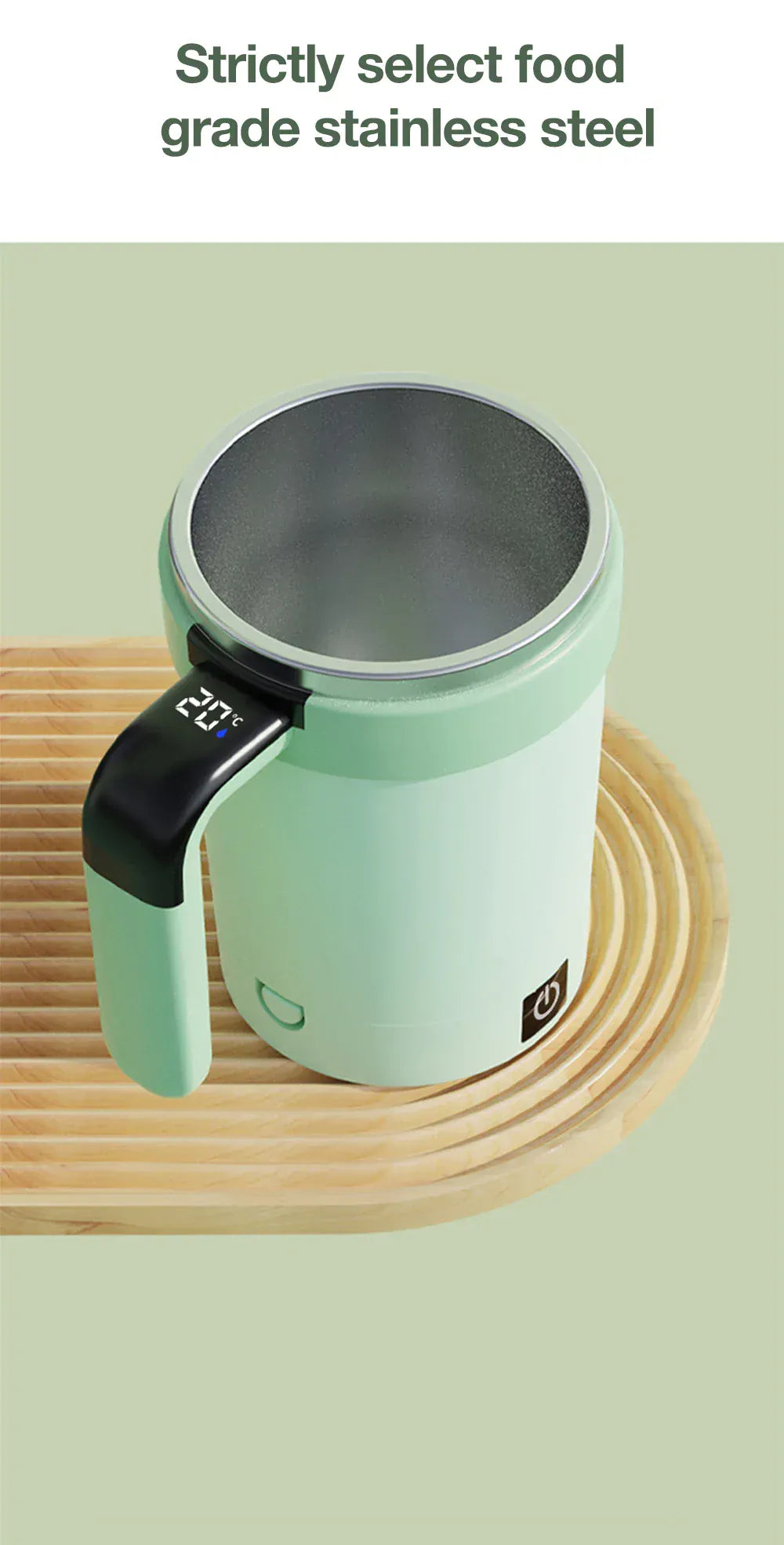 Green electric mug with digital display on a wooden coaster against a light green background
