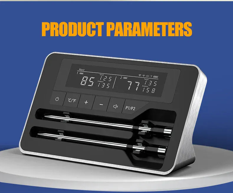 Digital thermometer with three probes on a blue background, labeled 'Product Parameters'.