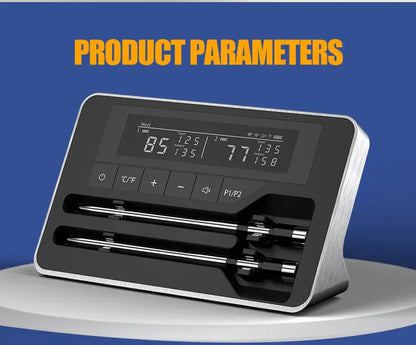 Digital thermometer with three probes on a blue background, labeled 'Product Parameters'.