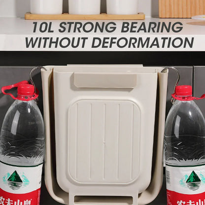 No-Bend Hanging Kitchen Trash Can – Foldable 9L Waste Bin for Cabinet Doors.